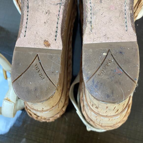 Prada Cork Wedge Platform Leather Ankle Strap Sandals Women's 40.5 - Picture 10 of 13